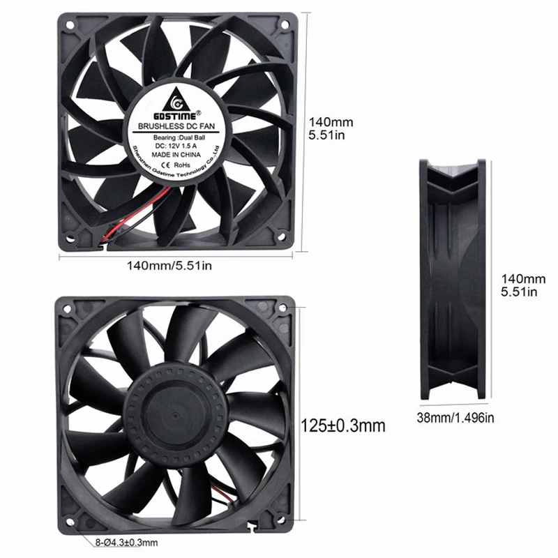 Imagem -05 - Gdstime-ventilador para Resfriamento 14cm 14038 mm 12v 2pin Dois Rolamentos de Esferas 140x140x38 mm 140 mm