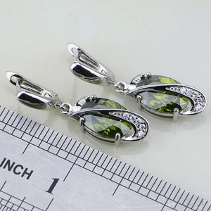 925 Bộ trang sức bạc dành cho phụ nữ, Olivery Green, White Emerald, Tê giác, Hoa tai, Mặt dây chuyền, Vòng cổ, Vòng tròn 8 Doanh số chính Xanh Xanh Oliva - №8