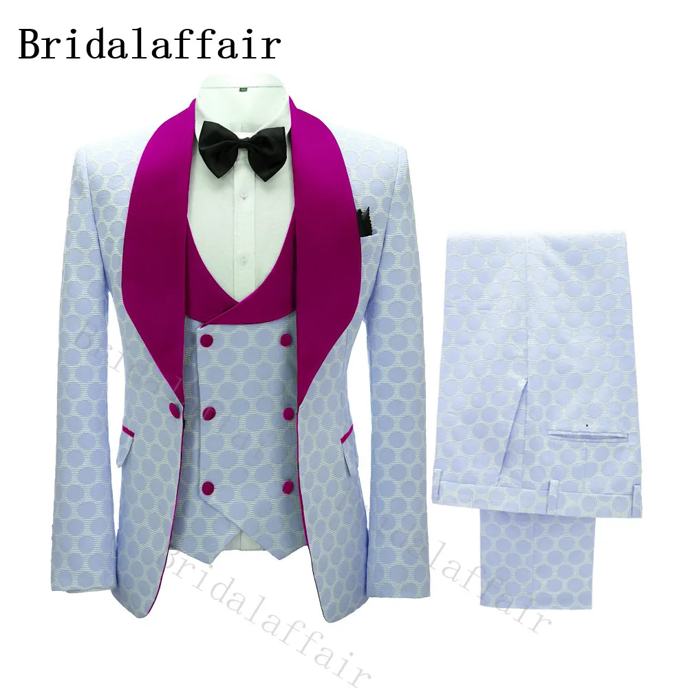 Bridalaffair Men Suit Blue Polka Dot Jacquzrd Wedding Tuxedo with Blue Lapel 3 piece Jacket Vest Pants Costume Homme Slim Fit