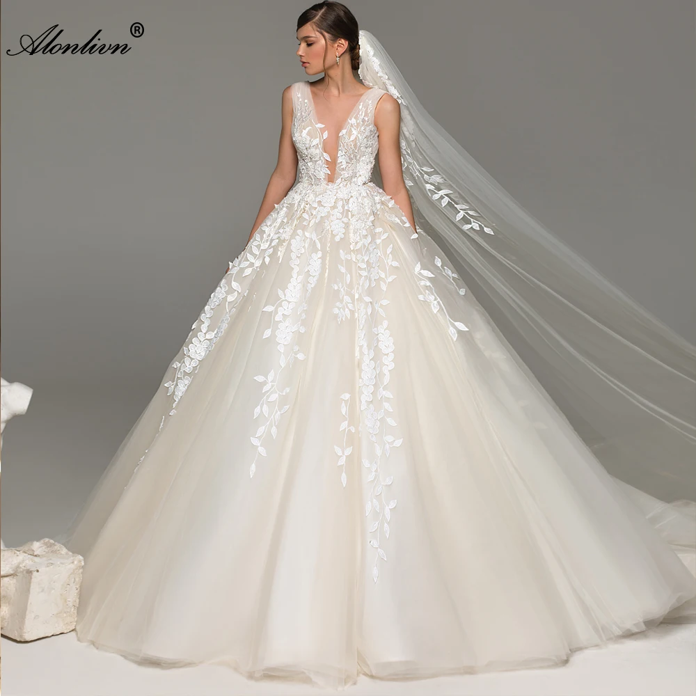 

Alonlivn Elegant Silky Tulle Deep V-Neck Sleeveless Backless Wedding Dress Beading Appliques Lace A-Line Bridal Gowns