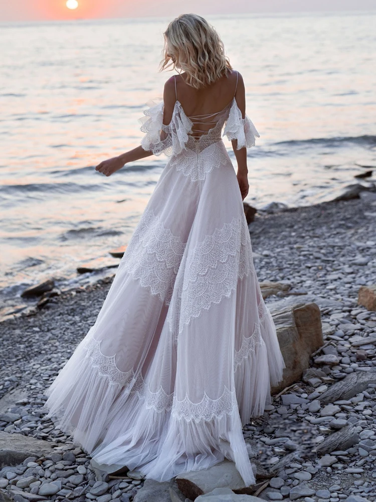 LORIE Beach Bohemian Wedding Dresses Champagne Boho Bride Gowns Lace Appliques V-neck Off Shoulder Princess Party Dresses Lacing