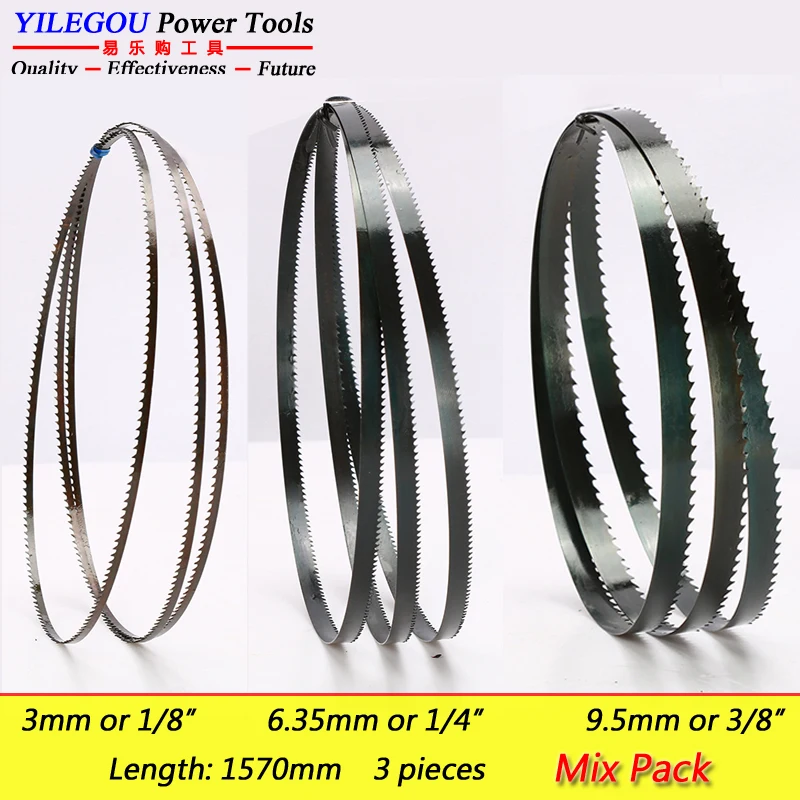 

3 Pieces 9" 1570mm Band Saw Blades. 1570*(3, 6.35, 9.5mm)*6/14Tpi Woodworking Saw Blade Cut Curve. Width 1/8" 1/4" 3/8" Mix Pack