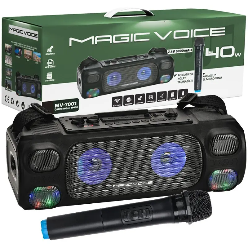 MAGICVOICE MV-7001 VHF HANDHELD MIC USB/SD/BT/UK 40 WATT WORK LIGHT PORTABLE RECHARGEABLE PORTABLE ANFİ