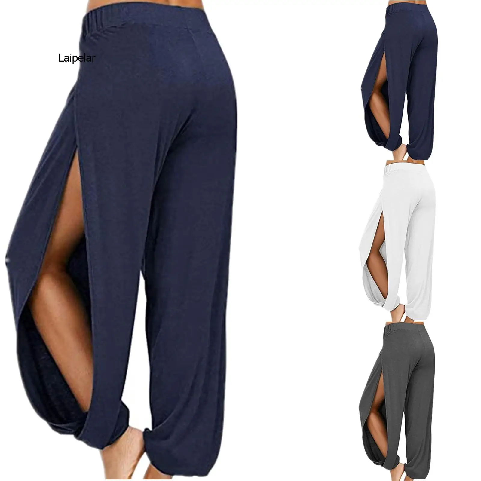 

Womens High Slit Wide Leg Pants Summer Casual Beach Boho Hippie Bohemian Pilate Elastic Waist Solid Harem Trousers