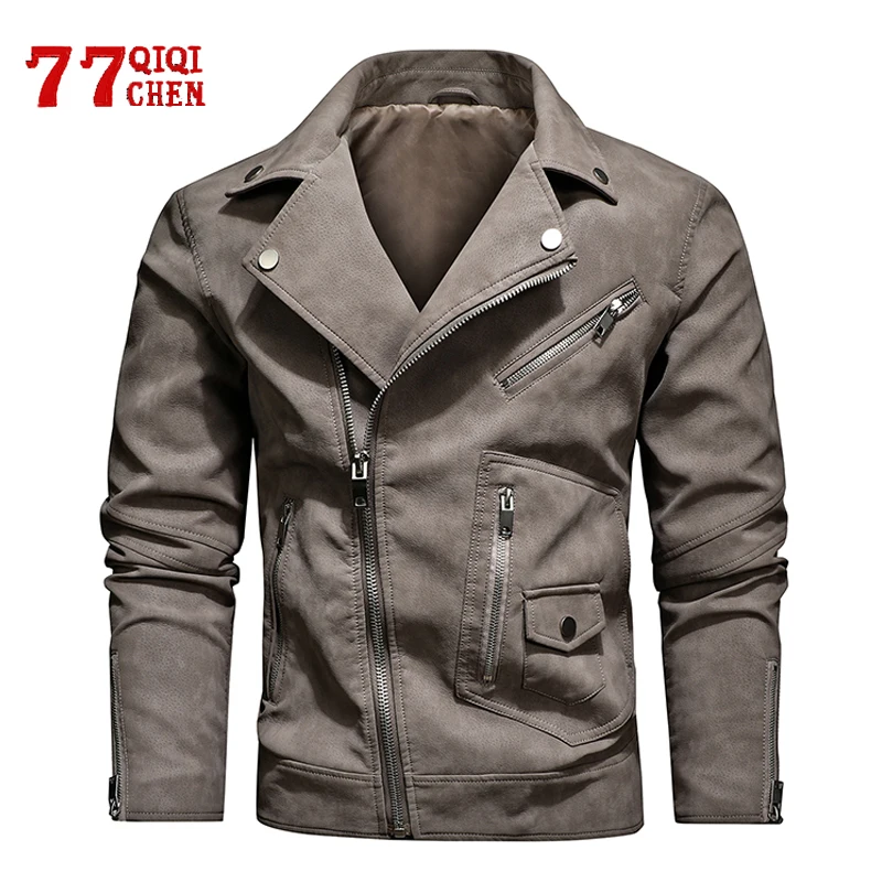 

Leather Jacket Men Autumn Oblique Zipper Motorcycle Pu Leahter Jackets Male Lapel Collar Casual Windbreaker Coats Europe Size