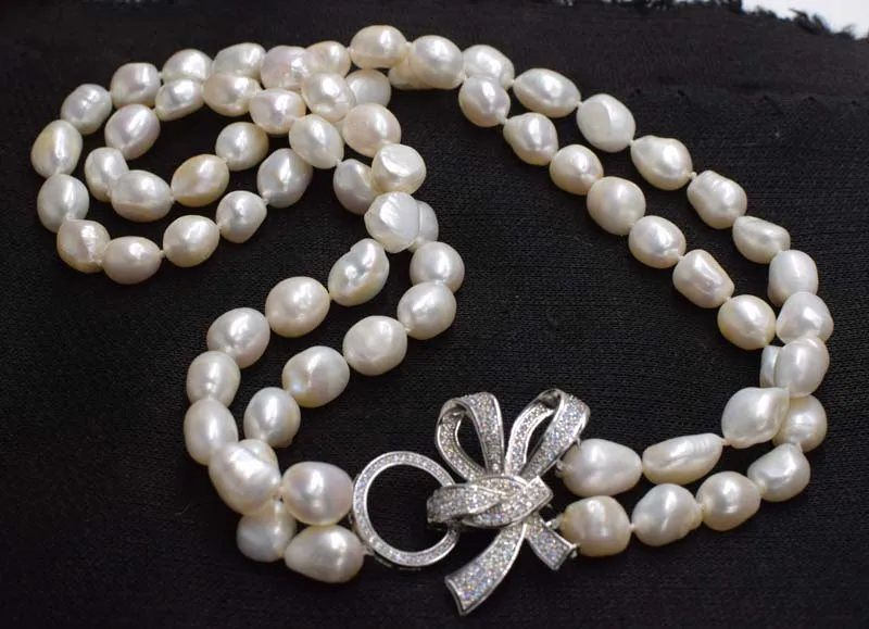 wholesale nature NEW 2rows freshwater pearl white irregular baroque 9-10mm necklace 22-24inch