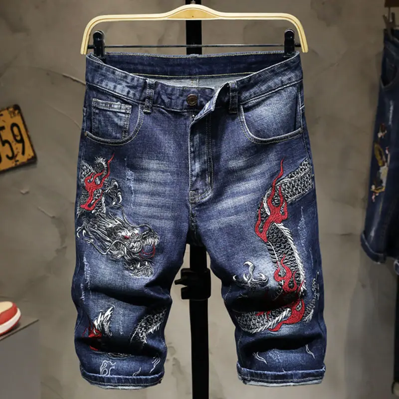 Summer new men\'s shorts ripped jeans faucet embroidery pattern five-point pants casual pants denim shorts blue color short