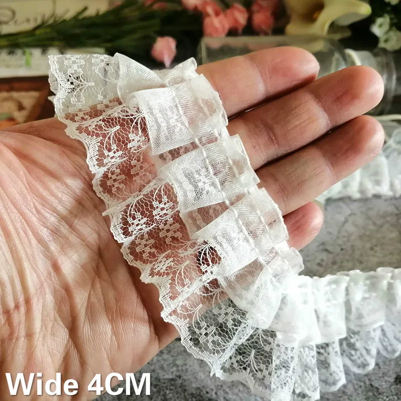 4CM Wide Double Layers Tulle Lace Fabric Pleated Chiffon Lace Guipure Embroidered Ruffle Trim Fringe Ribbon DIY Sewing Supplies