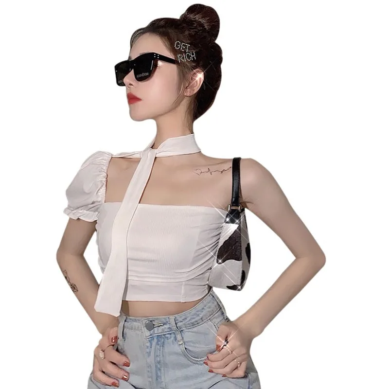 

Women's t-Shirts Korean Skew Collar t-Shirt Puff Sleeve Halter Slim Thin Navel Top Saco Camiseta White One Size Sexy Gown