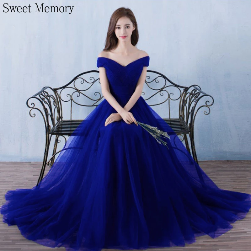 

U10338 Custom Made Color Size Pink Navy Royal Blue Evening Dresses Girl Boat Neck Prom Long Tulle Robe Bride Wedding Guest Dress