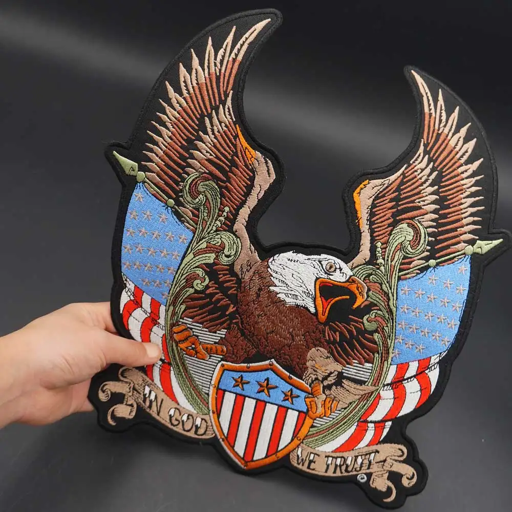 IN GOD WE TRUST Large Cloth Patch Motorcycle Locomotive Eagle Embroidery Sticker Badge Cloth Leather Jacket Decoration