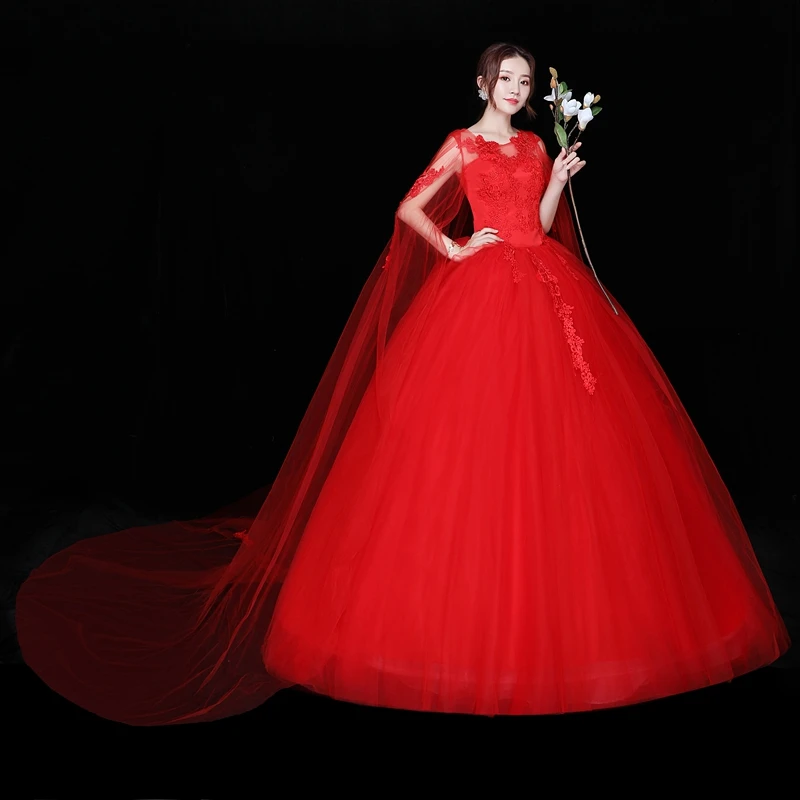 2019 Nuovo Semplice Modo di Pizzo Rosso O-Collo Abito Da Sposa per Le Spose Size 2-26W Abito Da Sposa A Buon Mercato Abito de Mariage Con Scialle Lungo 30