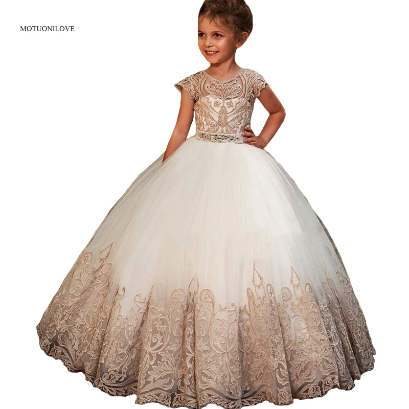 

Sheer Cap Sleeves Lace Tulle Ball Gowns Flower Girls Dresses For Wedding Party Kids Children Little Bride Dress Primera Comunion