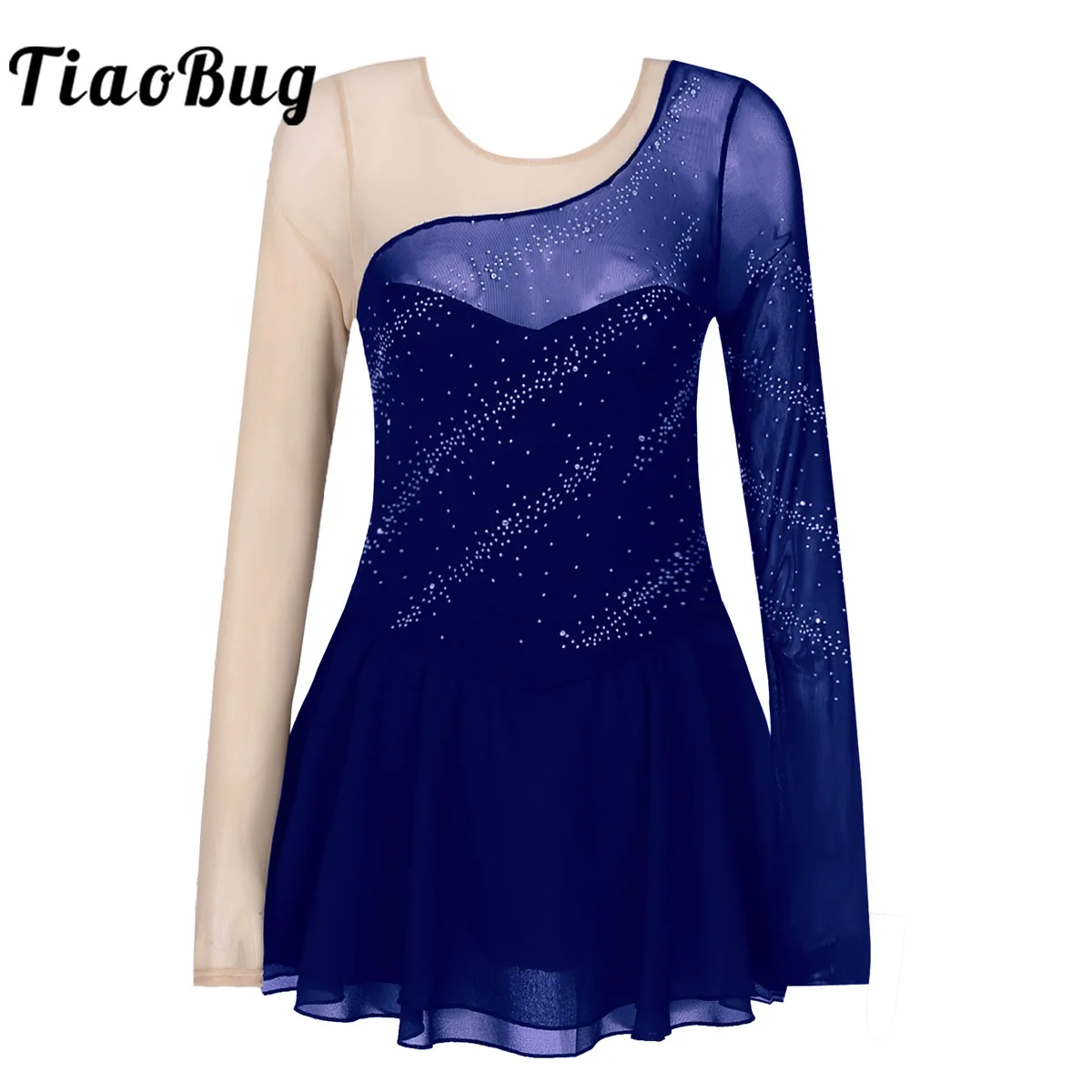 Women\'s Ice Skating Dress Ballet Dance Leotard Adult Mesh Long Sleeve Rhythmic Gymnastics Leotard Rhinestones Dance Costumes