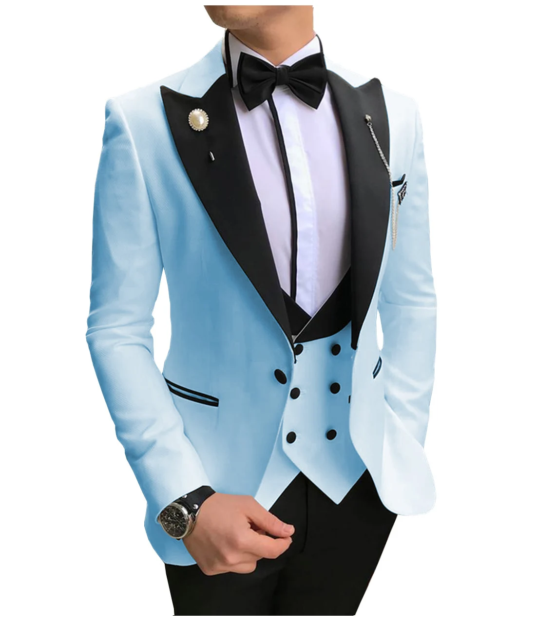 Blue Men\'s Suits 3 Piece Blazer Dress Casual Peaked Black Collar Tuxedos Groomsmen Men Suits for Wedding(Blazer+Vest+Pants)