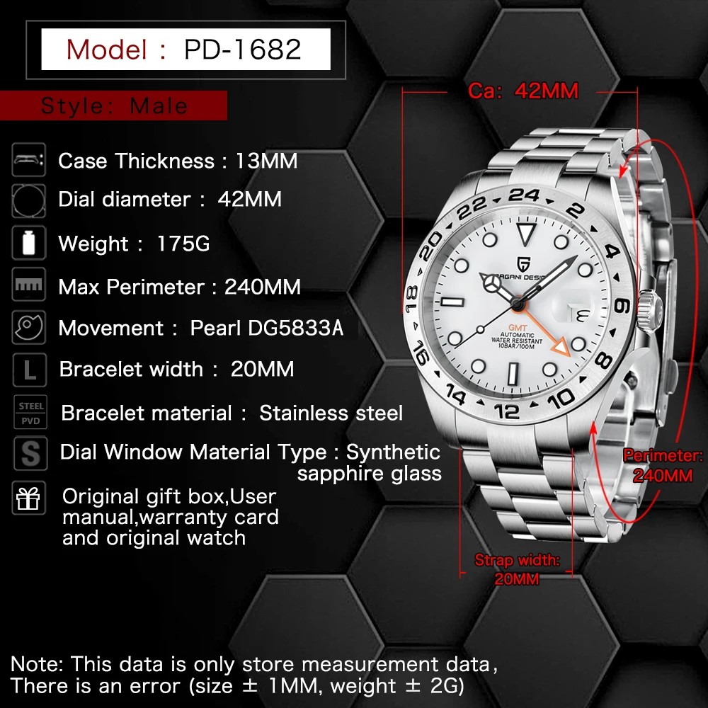 PAGANI DESIGN GMT Automatic Mechanical Watch Stainless Steel Luxury Bussines Sapphire 100m Waterproof Clock Reloj Hombre PD1682