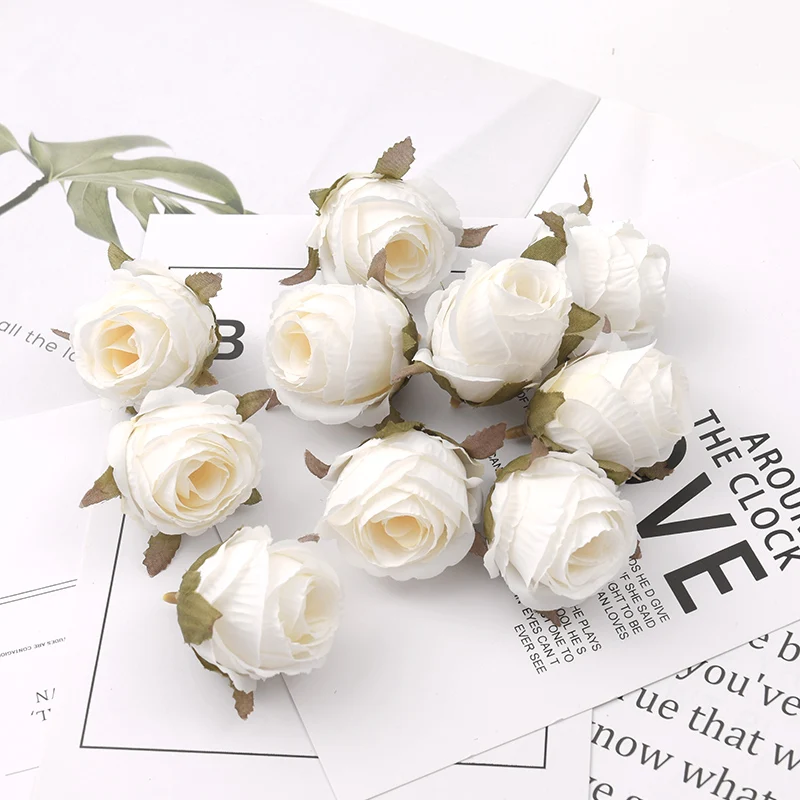 50pcs 4cm White Rose bud Artificial Silk Flower Heads Wedding Decoration DIY Wreath Scrapbooking Craft Fake Flowers