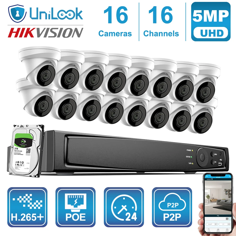 

Unilook OEM 5MP 16CH Security Camera Sysytem POE NVR with 5MP Outdoor IP Camera with Microphone Surveillance Kit H.265+ Audio