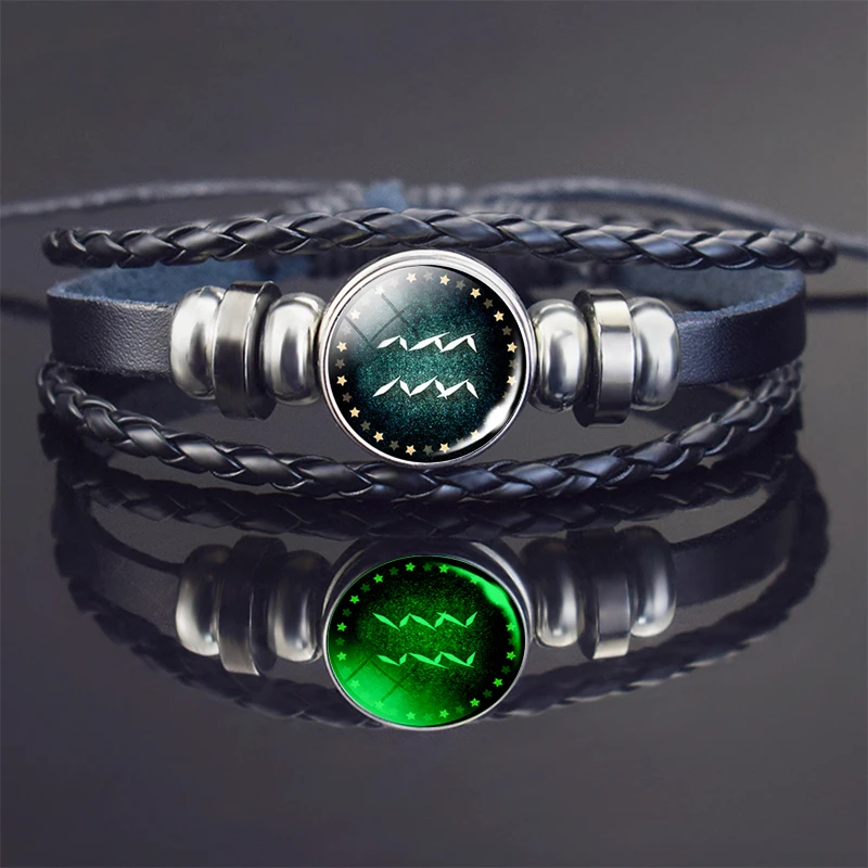 Luminous Aquarius Bracelet Zodiac Sign Braided Leather Bracelet Glow In The Dark Aquarius Jewelry Birthday Present