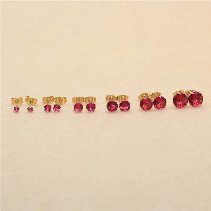 Size 3mm to 8mm 316L Stainless Steel Hot Pink Color Round Zircon Stud Earrings  No Fade Allergy Free Brief Jewelry