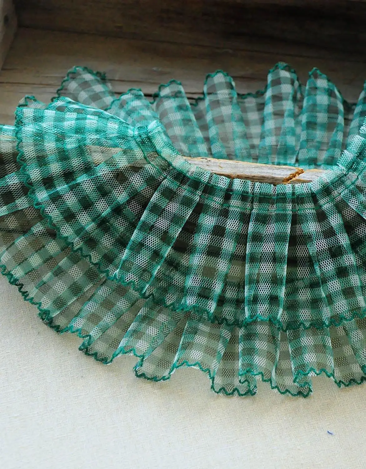 5 Yards tulle ruffles with grids, frill trim, pleated mesh trim, tutu dress fabric | Green