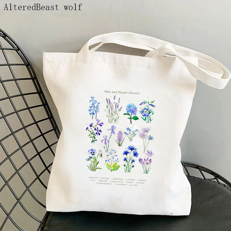 Women Shopper bag blue and purple cosmos flowers collection Bag Harajuku Shopping Canvas Bag girl handbag Tote Shoulder Lady Bag