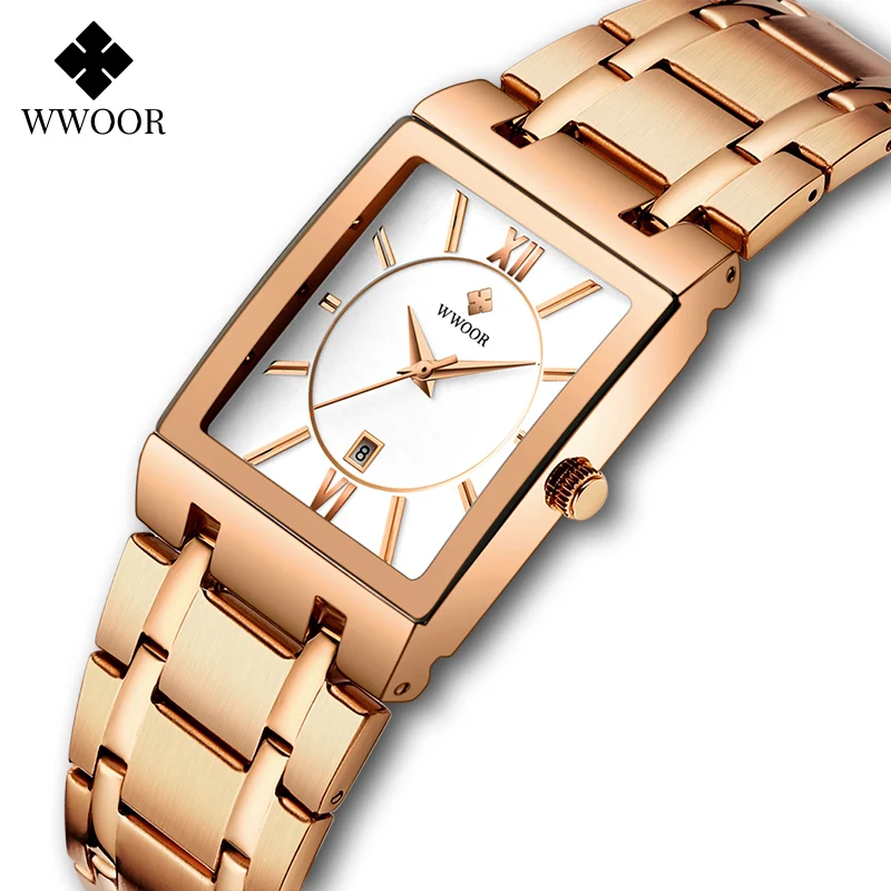 WWOOR-Montre carrée pour femme, nouveau design, marque supérieure, bracelet de luxe, en or rose, à la mode, horloge habillée, 2024