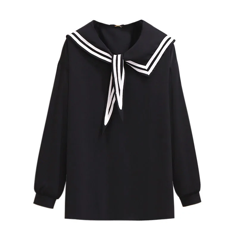 150Kg Plus Size Spring Sailor Collar Chiffon Shirt Bust 158cm 5XL 6XL 7XL 8XL 9XL Loose Simple Long-Sleeved Striped Pullover Top