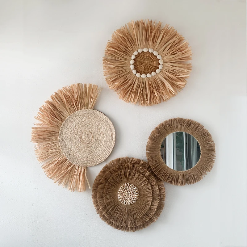 Nordic Style Straw Mirror Southeast Asia Decorative Wall Decor Round Wall Hanging Decor Coffee Color Bohemian Wall Decorations