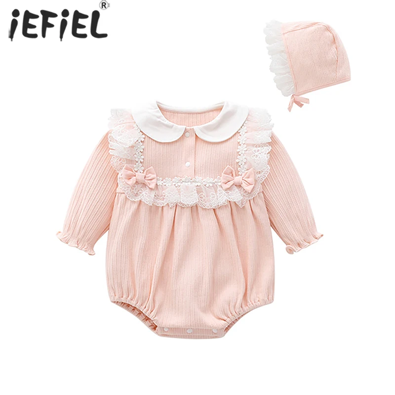 

Baby Girl Clothing Spring Bodysuit for Newborn Baby Girl 3 6 9 12 Month Cotton Lace Princess Ruffles Romper Jumpsuit Hat Outfit