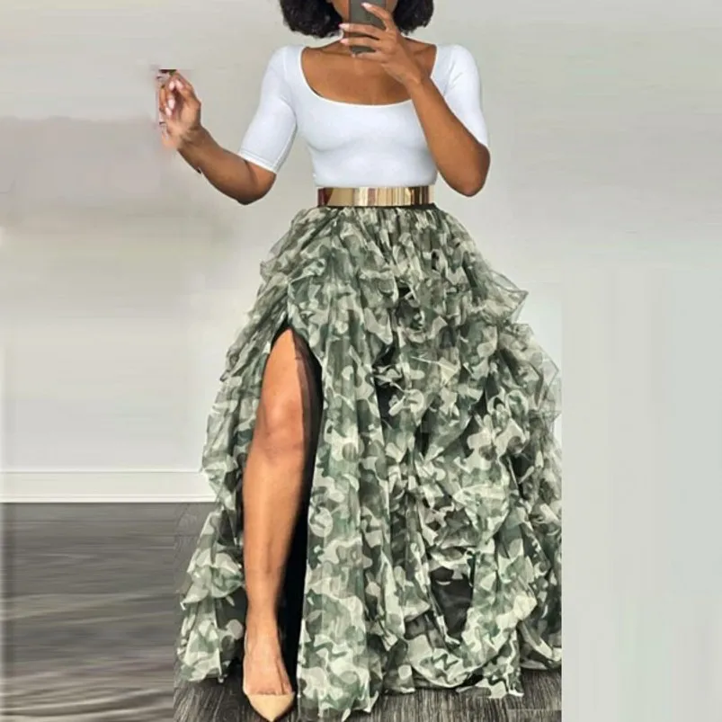 

Chic Camo Green Skirt Split Long faldas jupe femme Tutu Skirts Women Ever Pretty Skirt Puffy Party Skirt Maxi