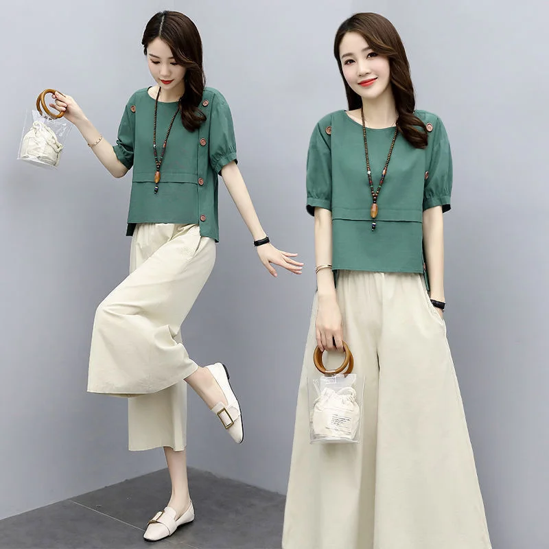 Women's Summer Office Suit Wide Leg Pants 2021 New Slim Ethnic Plus Size Western Style Retro Casual Two Piece Set Crop Top Women