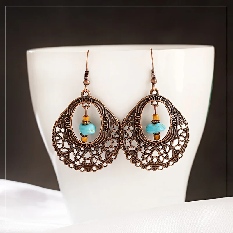 Bohemian Ethnic Bronze Alloy Hollow Ladies Earrings Vintage Turquoises Stone Beads Earrings Femmes Pendientes