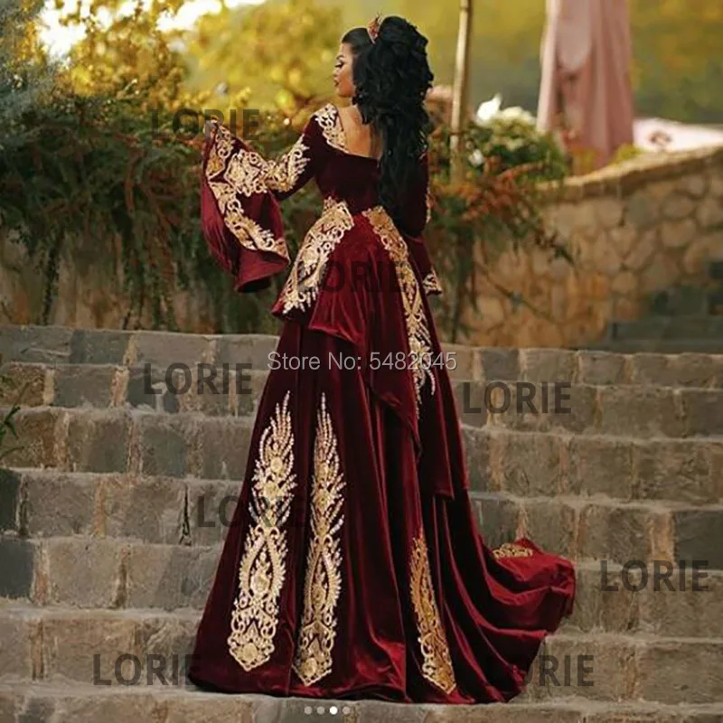 LORIE Marokkanischen Kaftan Arabisch Abendkleid mit Abnehmbaren Zug Appliques Gold Spitze Langarm Meerjungfrau Samt Prom Party Kleider