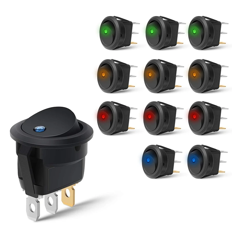 12PCS Round Dot Lighted Rocker Switch Toggle 20A 12V DC On/Off SPST Switch Control, 3Blue+3Green+3Yellow+3Red