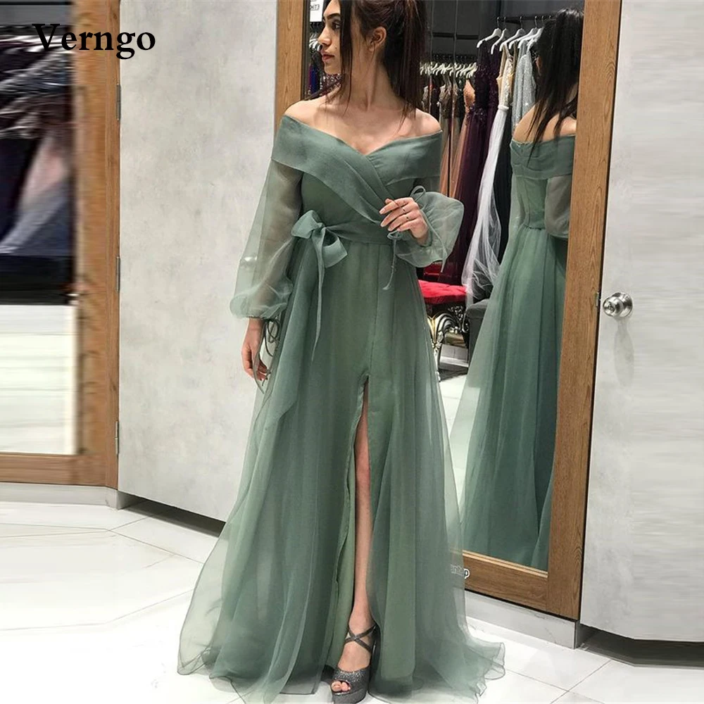 

Verngo Pale Old Green Organza Evening Dresses Off the Shoulder Puff Long Sleeves Prom Dress Simple Graduation Party Dresses