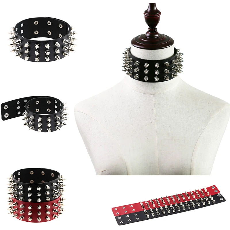 Punk PU Leather Spike Choker Necklace Women Rivets Neck Wear Funky Chockers collar lock fashion jewelry