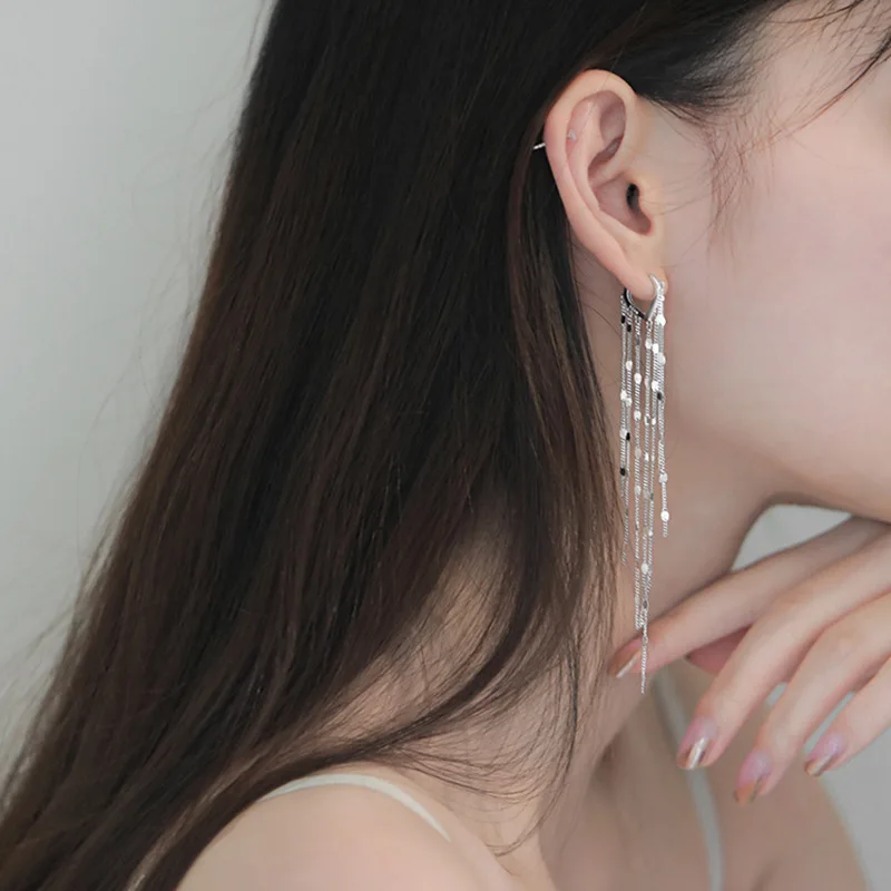 QMCOCO Silver Color  Light Luxury Long Tassel Hoop Earrings Woman Trendy Temperament Heart-Shape Elegance Handmade Fine Jewelry