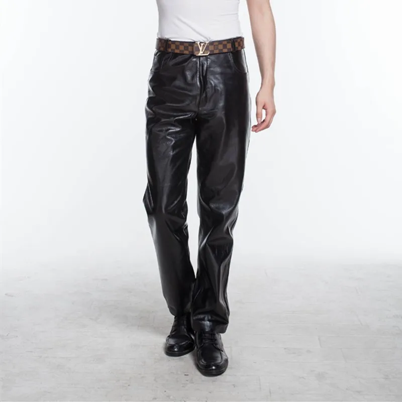 Men's Genuine Leather Straight Pants Zipper, Mid-Rise, Warm, Casual, Full Length, Autumn, Winter