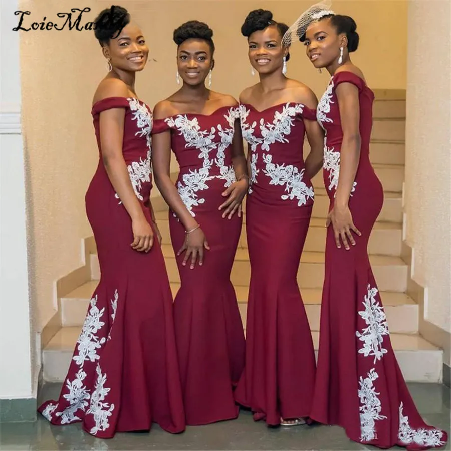 Burgundy Long African Bridesmaid Dresses 2022 Sexy Off The Shoulder White Lace Mermaid Wedding Guest Vestido de festa longo