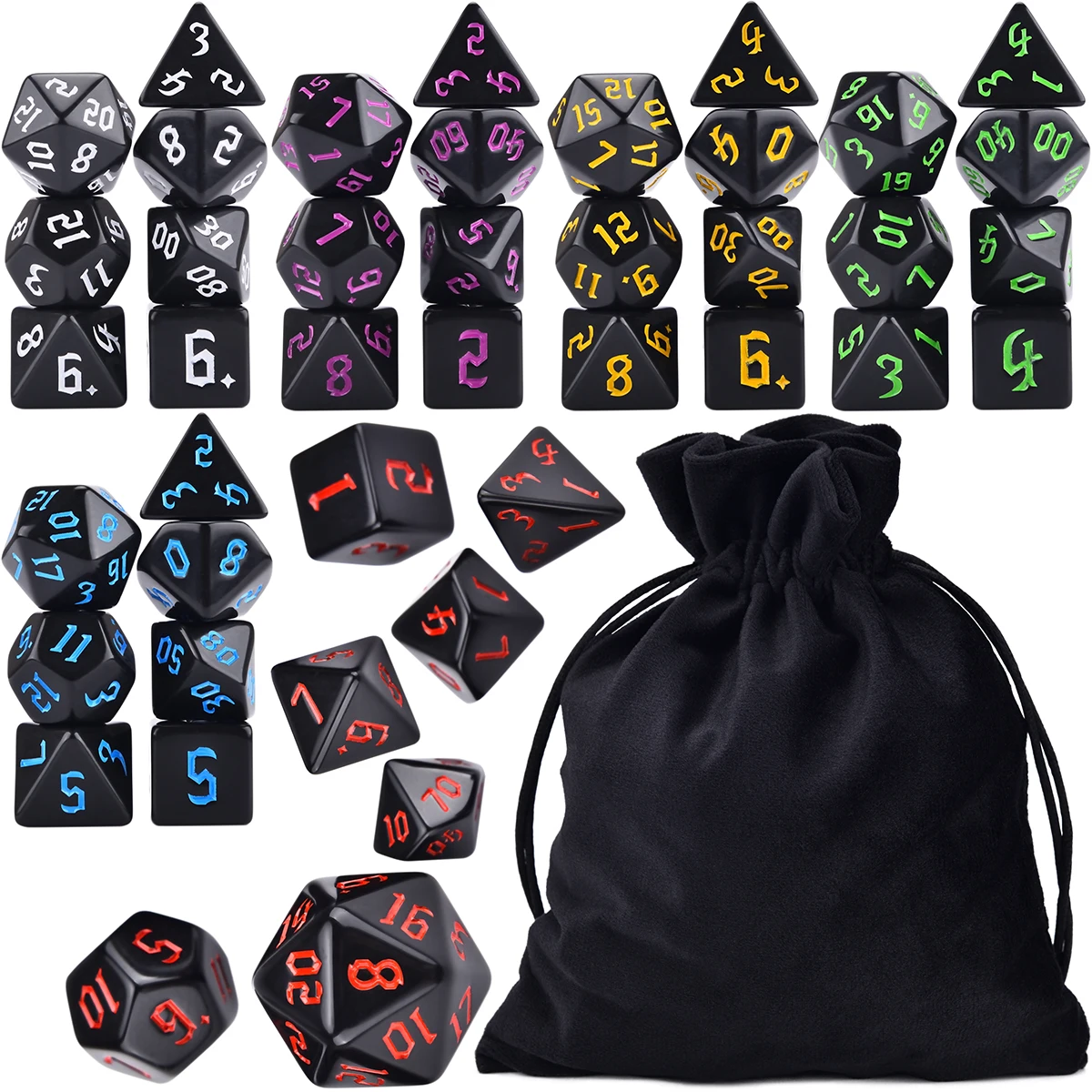 

6 Sets of Opaque Color Polyhedral 7-Die Dice with Large Bag for TRPG DND D4 D6 D8 D10 D% D12 D20