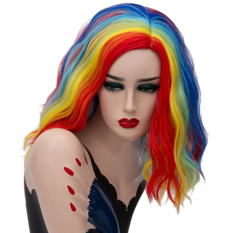 MSIWIGS Short Cosplay Synthetic Wigs for Women Rainbow Highlights Color Wavy Wigs Side Central Hairline Cos Rose Net Ombre Hair