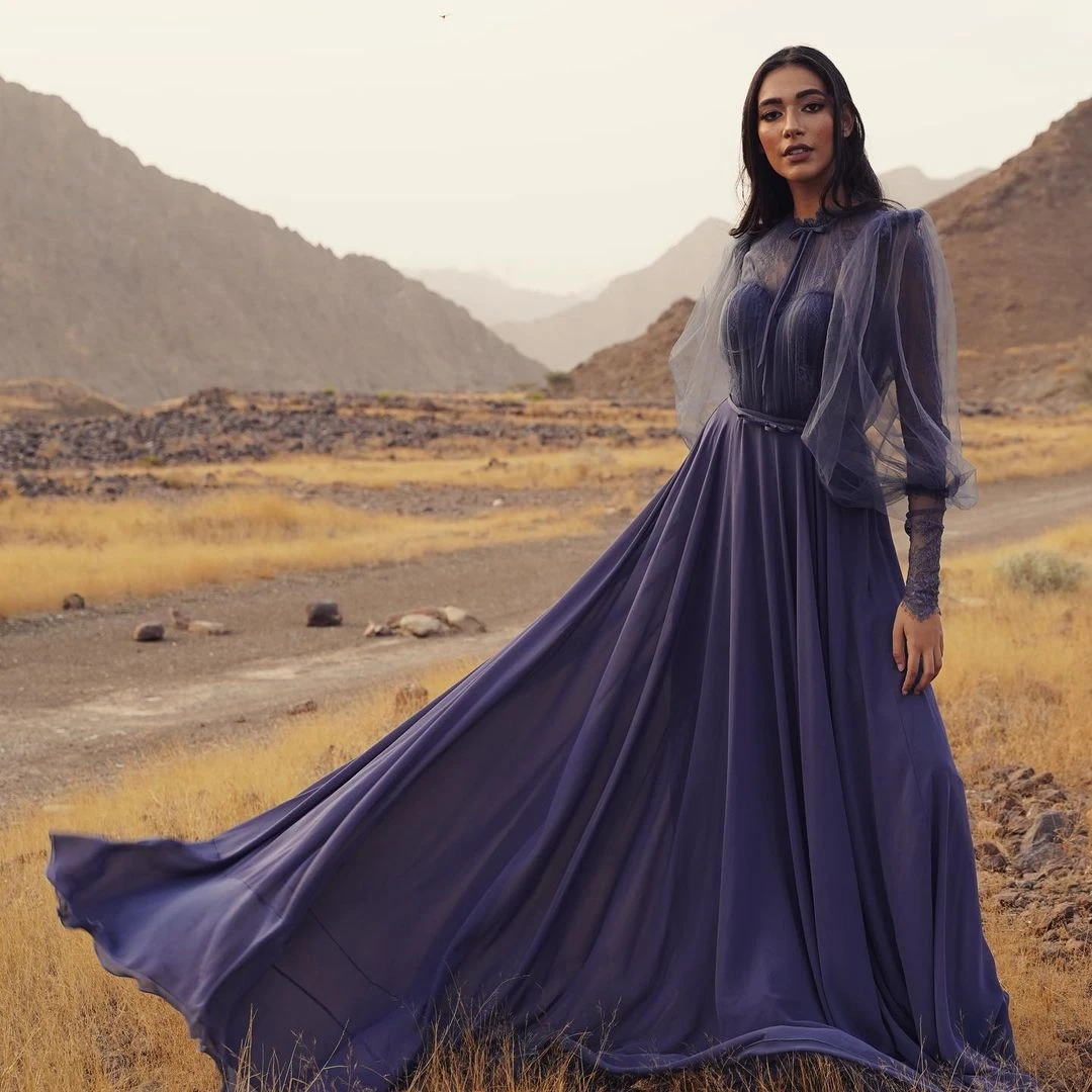 Violet Elegant Moroccan Caftan Evening Dress Tulle A-Line Floor Length Celebrity Dress With Train Saudi Arabia Prom Dress