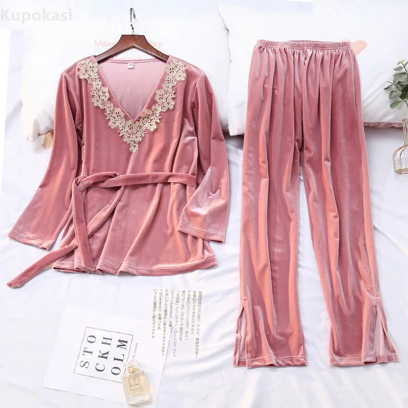 

Kupokasi 2 Pieces Woman Pajamas Set Lace Neckline Elegant Sleepwear Autumn Winter Female Long-Sleeved Velvet Trousers Suit