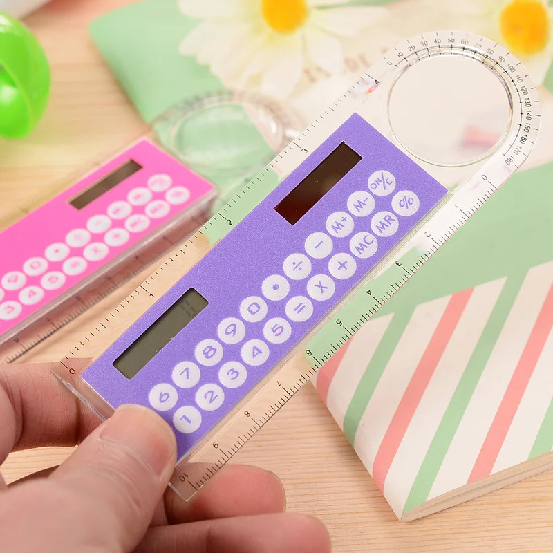 10cm Mini Ultra-thin Ruler Solar Calculator Magnifier Multifunction Calculadora Office Supplies