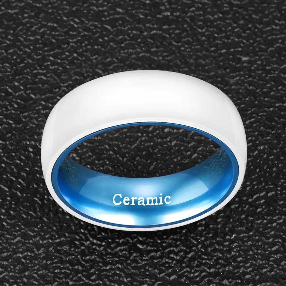 8mm Width White Ceramic Finger Rings For Man Blue Aluminum Interior Dome Band Comfort Fit Size 6-13