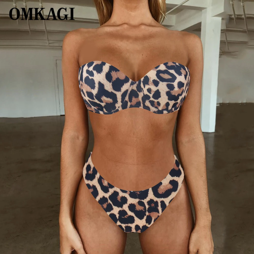 Bikini Set Bandeau High Cut Solid Bandeau Swimsuit Women Swimwear Sexy Push Up Bathing Suit Beachwear Leopard Bikini 2023