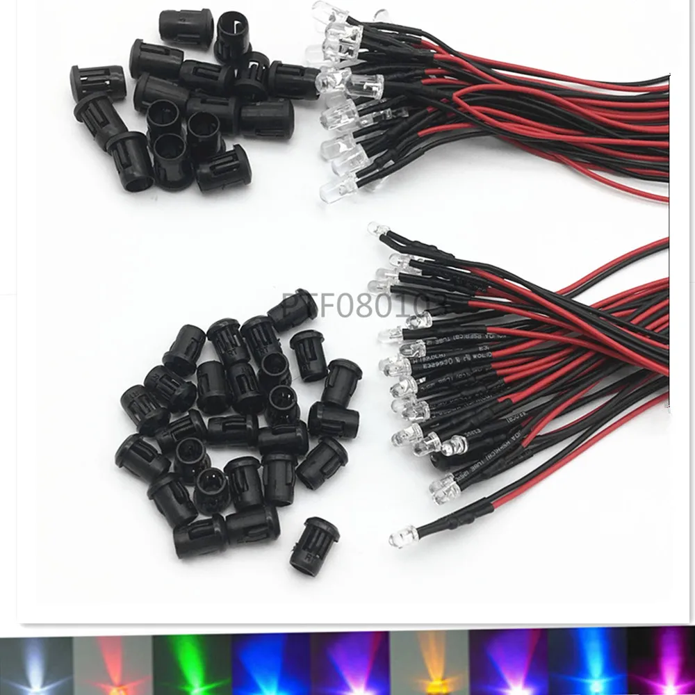 20pcs 3V 5V 12V 24V DC 3mm/5mm Red/Green/Blue/RGB Round Pre-Wired Water Clear LED With Plastic Holder