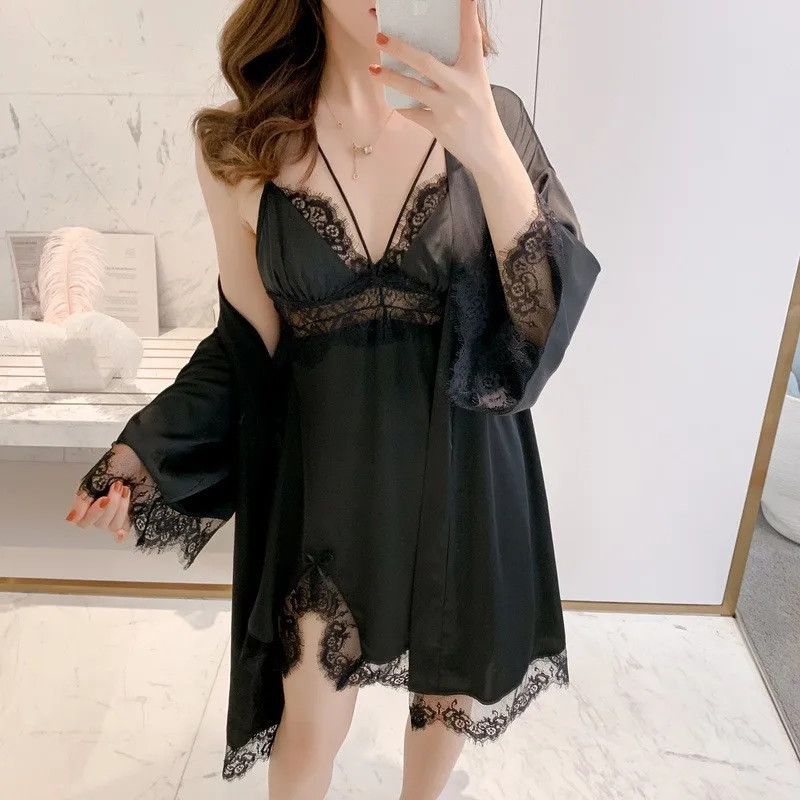 Women Sexy Robe Two Piece Set With Lace Faux Silk Bathrobe Burgundy Sleepwear Satin Kimono Gown Perspective Nightgown Lingerie