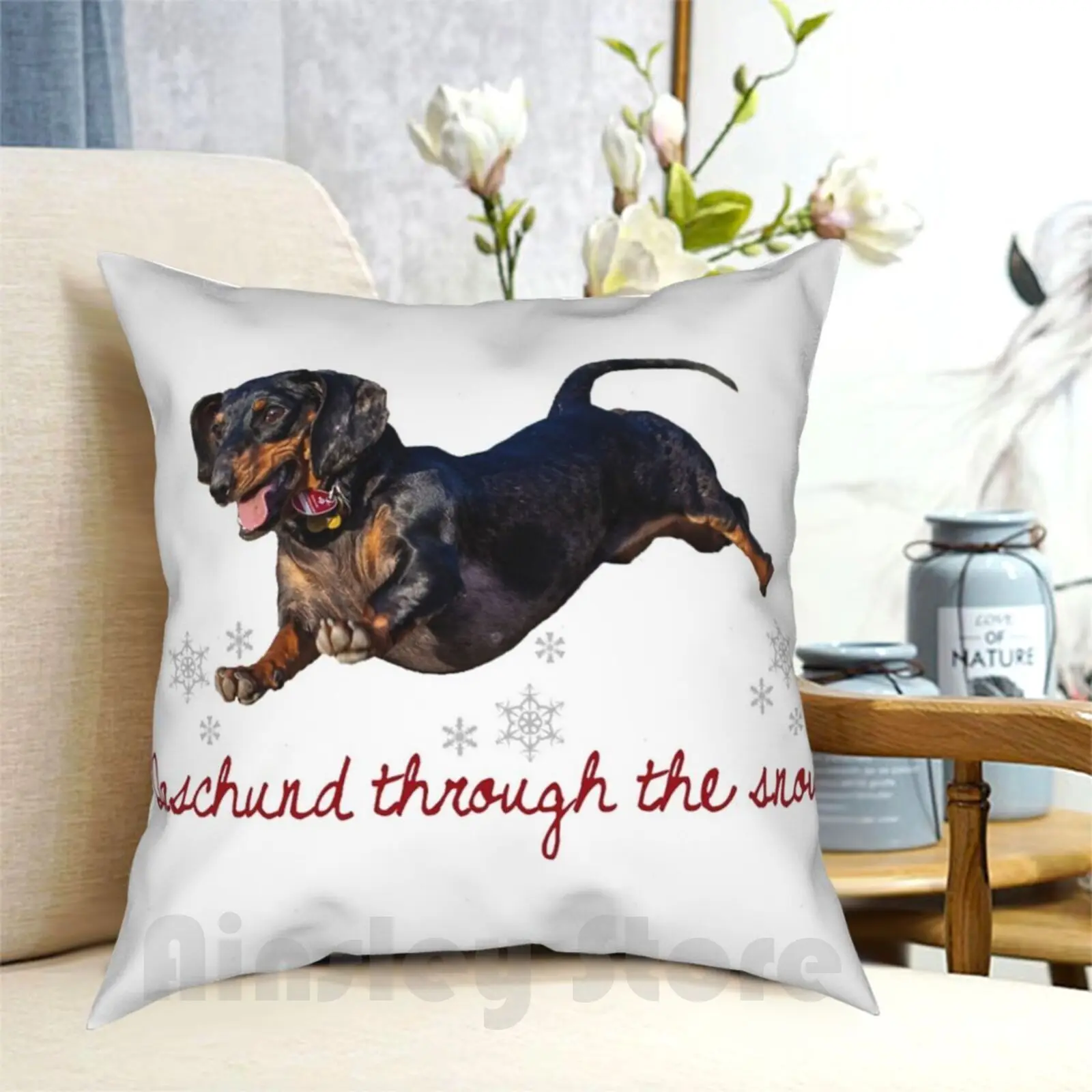 Daschund Through The Snow Pillow Case Printed Home Soft Throw Pillow Christmas Dashing Through The Snow Jingle Bells